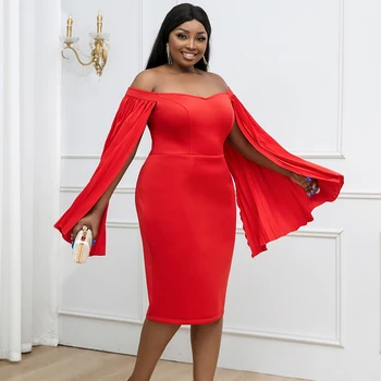 Party Red Sexy Official Pleat Off Shoulder Plus Size Ladies Dress