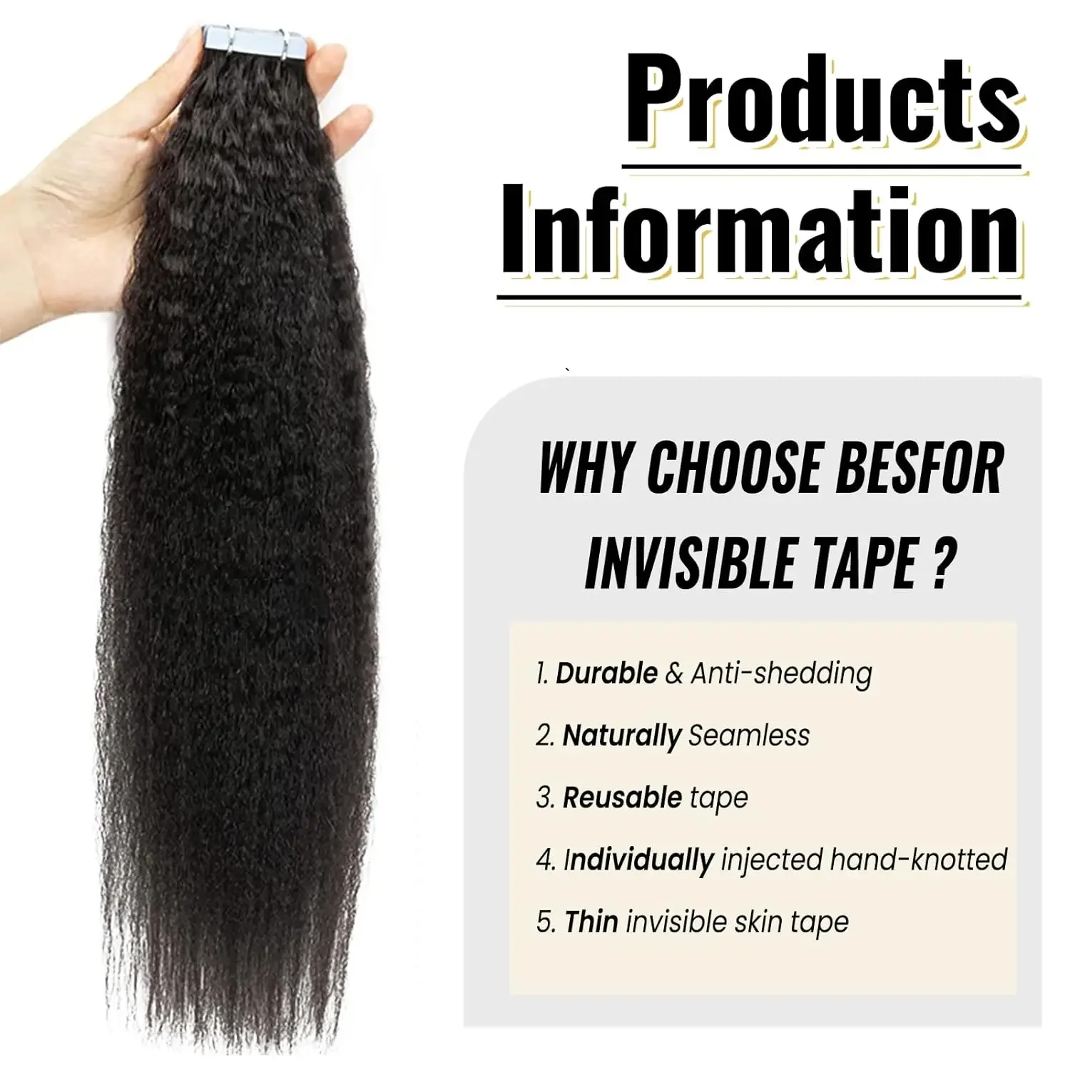 Kinky Straight Tape In Human Hair Extensions Black Remy Hair_voghion.com