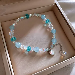 Elegant Blue Crystal Beaded Bracelet with Heart Charm Handmade Iridescent Bead Bracelet for Women Perfect for Gift Daily Wear