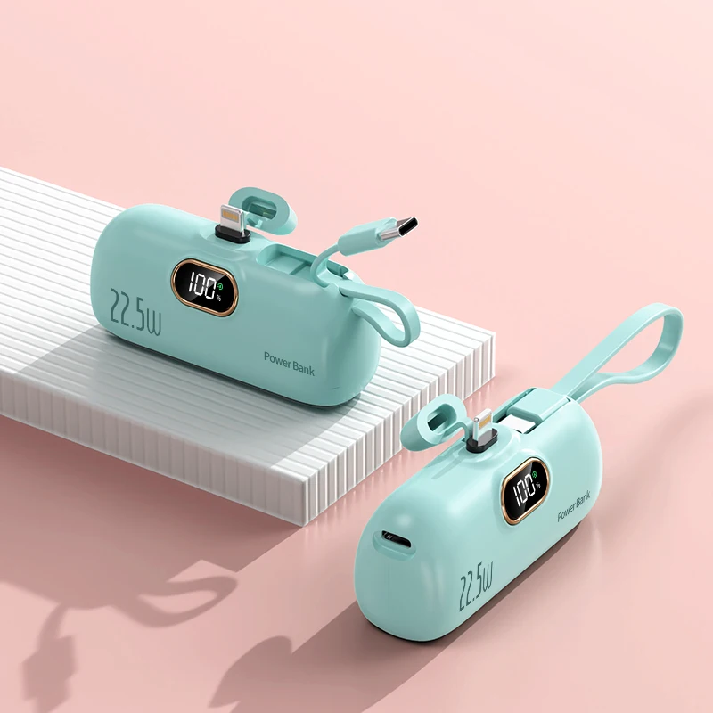 2 in 1 Mini Capsule Power Bank 5000mah10W 22.5W LED Display Built-in Cables Emergency Battery Portable Charger with Hanging Rope