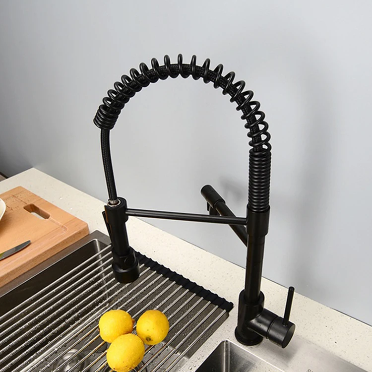 Mezclador de grifo de cocina con resorte semi profesional extraíble de latón negro con caño flexible