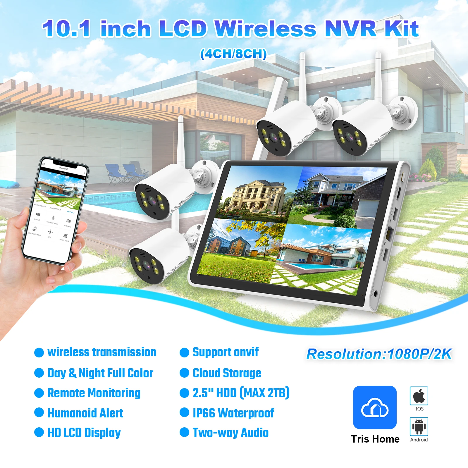 10.1Inch LCD NVR Kits with 4CH 1080P Security Camera System with Large Storage CCTV Camera System for Monitor