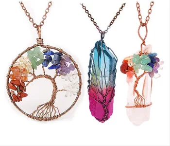 7 Chakra Quartz Natural Stone Life Tree Women Healing Crystal Pendant Necklace Tree of Life Wire Wrapped necklace