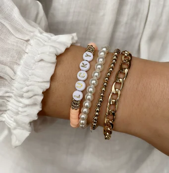 New handmade jewelry pearl alphabet soft clay bracelet for women stretch gold bracelet 4 sets