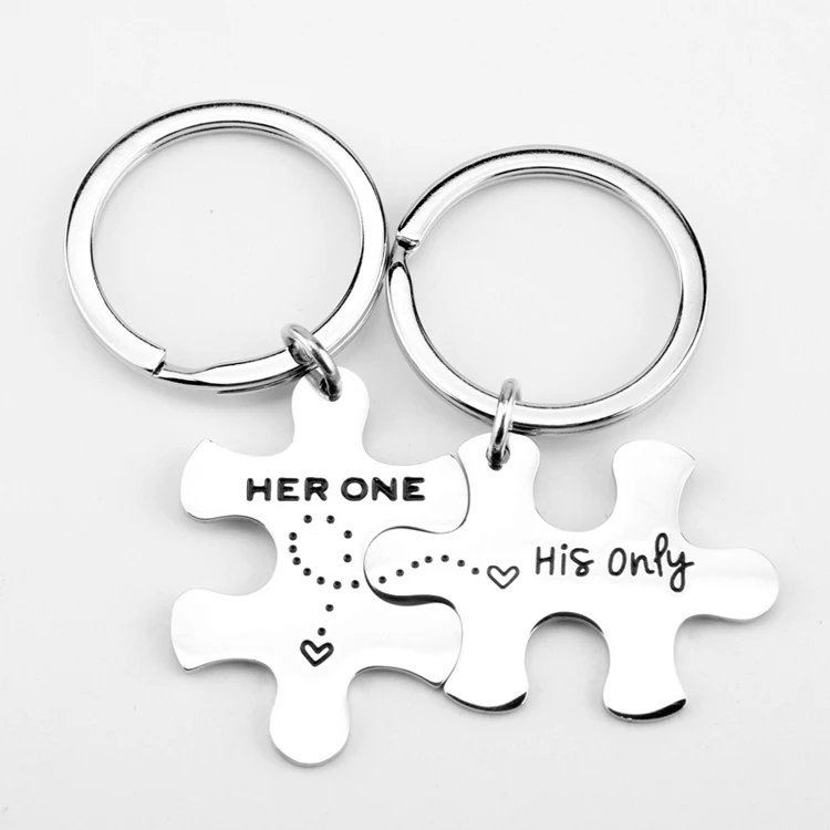 Stainless Steel His One Her Only puzzle piece Hand stamped metal key chain 