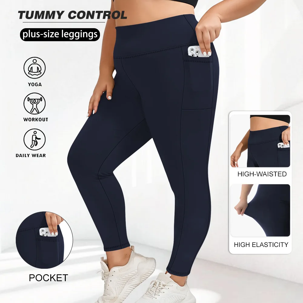 Plus Size Solid Yoga Pants Spandex/Nylon Elastic Waist Four-Way Stretch Pocket Style Hig preview