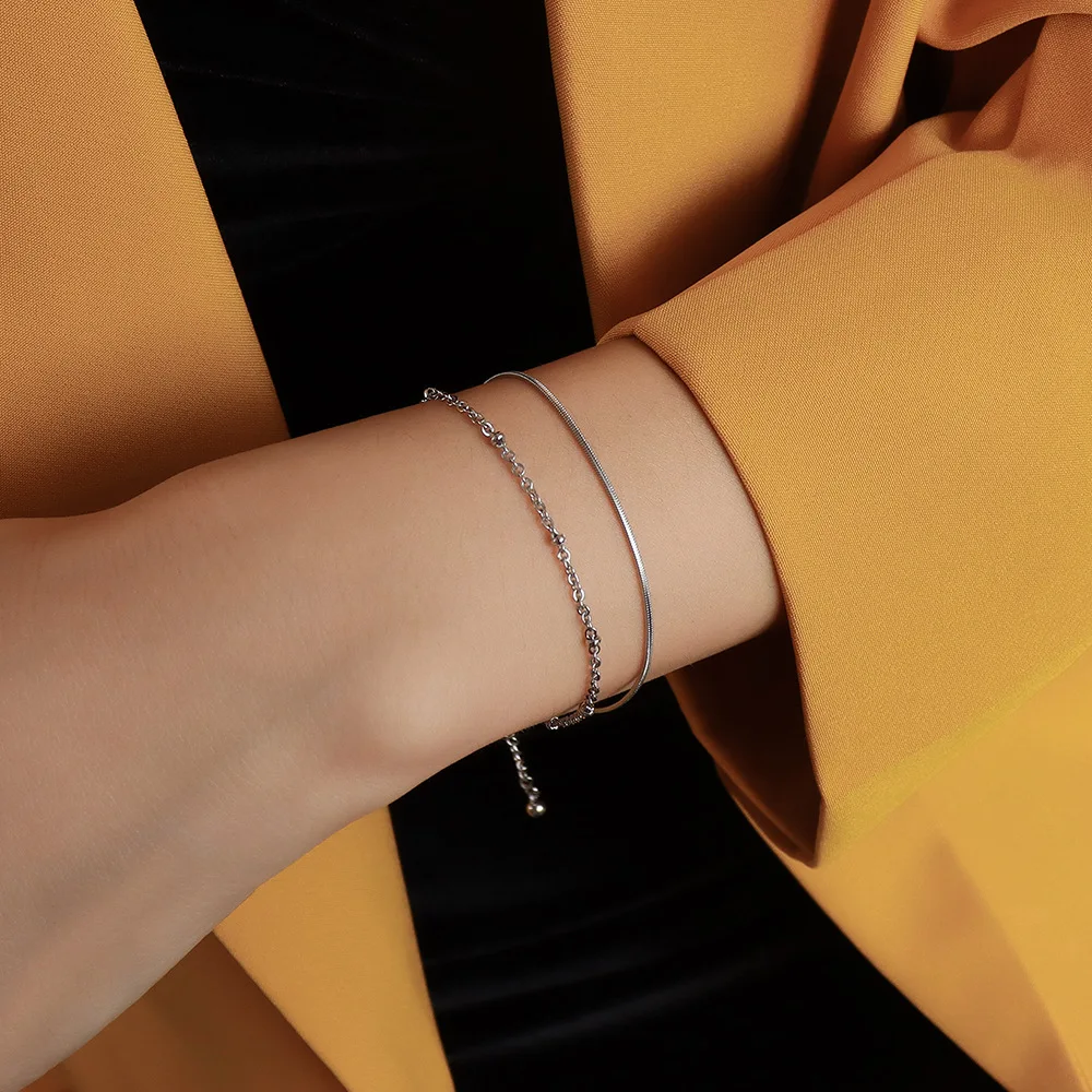 Bracciale a catena sottile in acciaio inossidabile placcato oro 18 carati, bracciale a doppio strato