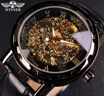 Winner Black Gold Male Clock Men Watches Top Brand Luxury Montre Leather Wristwatch  Mechanical Watch