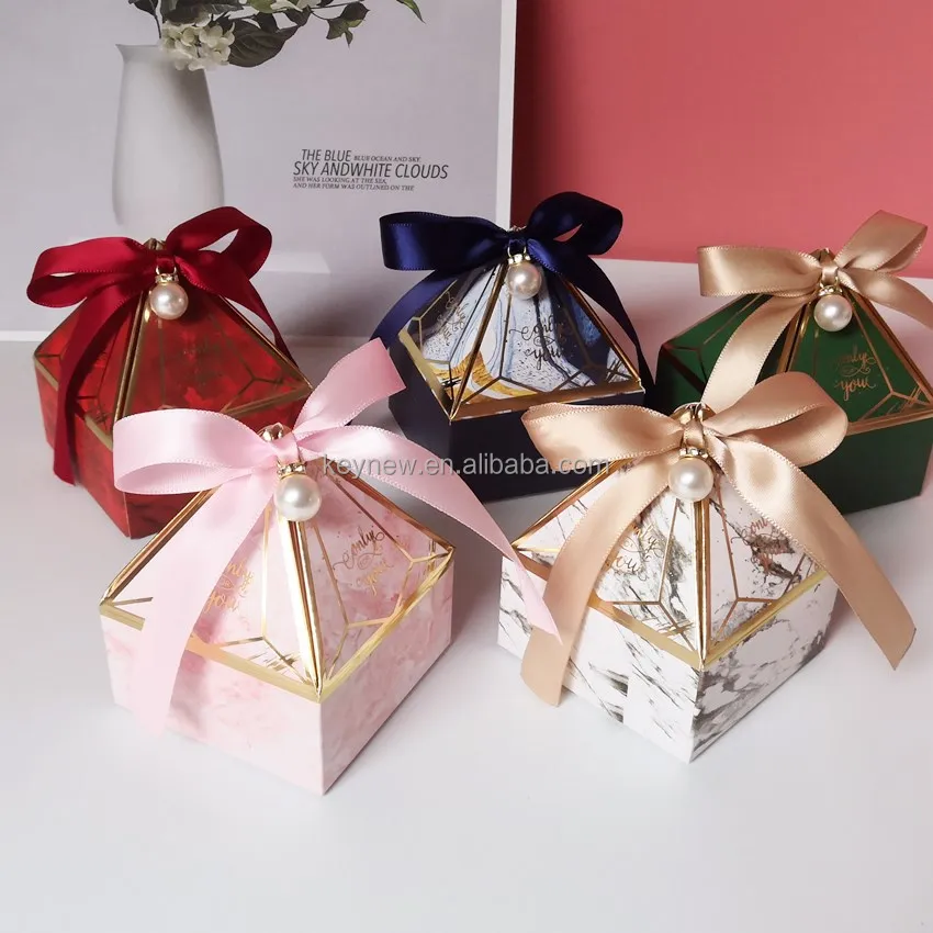 100×Wedding Favor Marble Candy Boxes Gold Ribbon Chocolate Gift Box Party Supply 