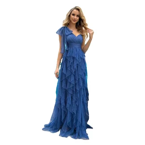 Chic Asymmetrical Bowknot Shoulder Waist Slit Eco-Friendly Washable Chiffon Floor-Length Night Gown with Waving Ruffles