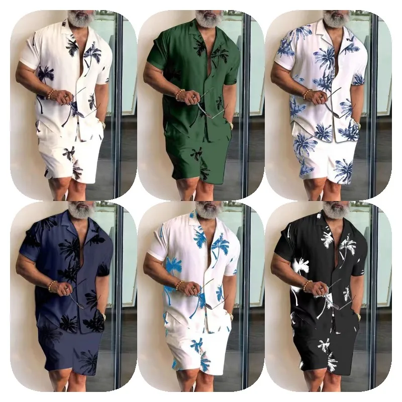 Summer Two-Piece Men's Sets Shirt and Shorts Casual Outfits Oversized Short Suit Plain Clothes Clean Fit Black White Green