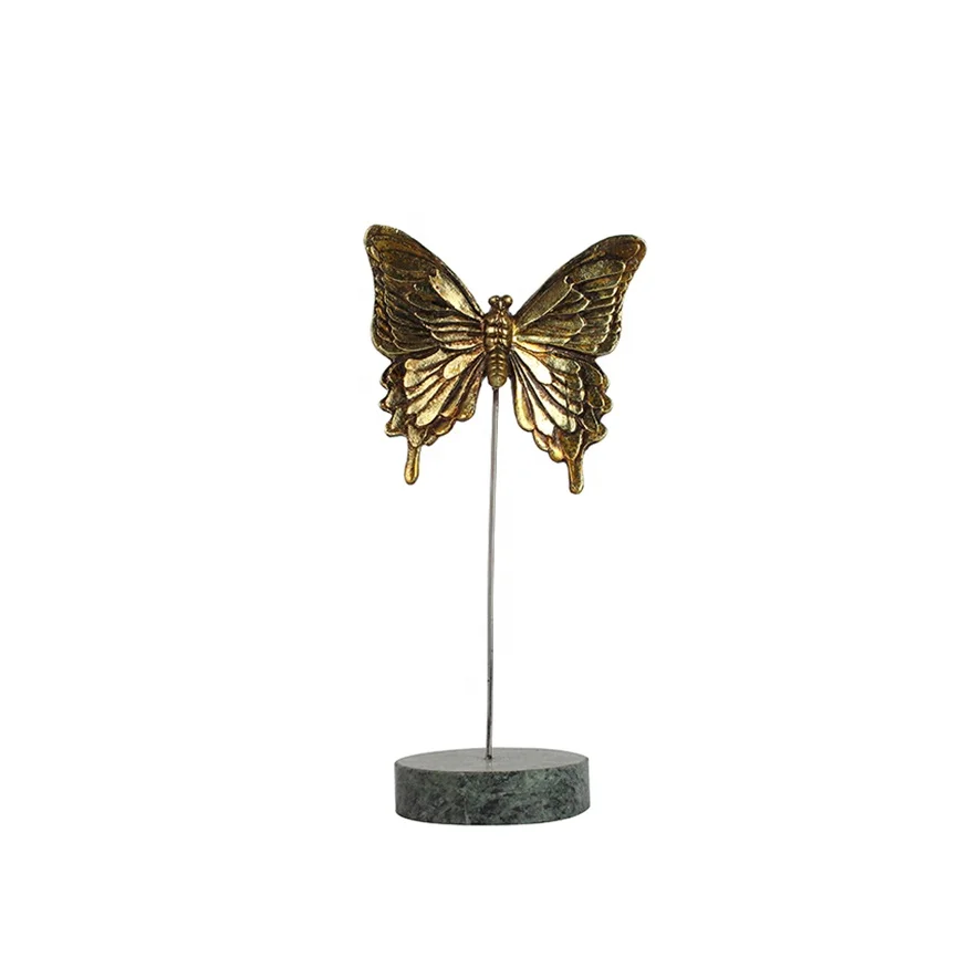 Vintage resin gold foil butterfly sculpture metal marble stand animal decorations