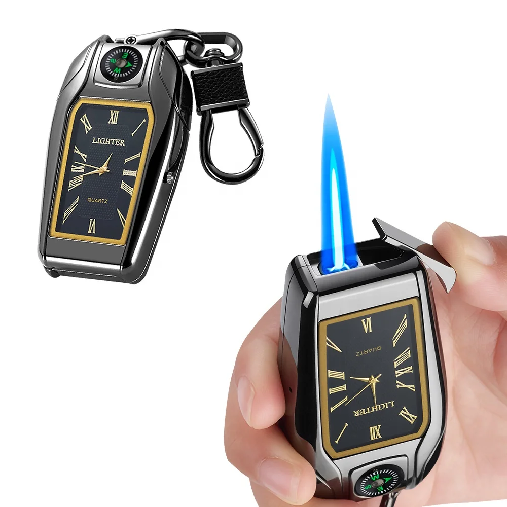 cigarette lighter with keychain Lovisle Tech Keychain Lighter Mini Compact Metal Jet Flint Butane Gas  Inflated Cigar Gadget for Cigarette for Giveaways