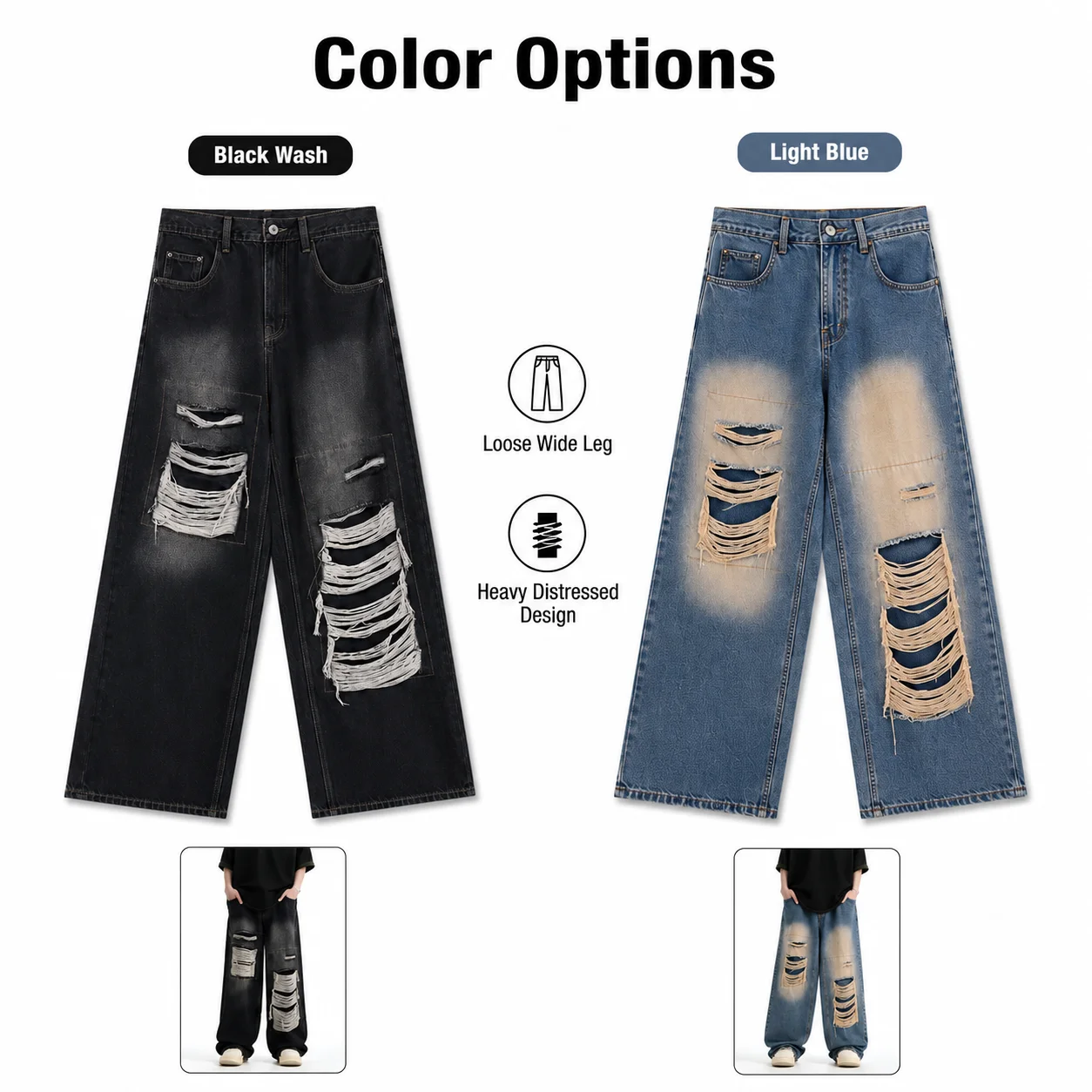 New Arrival Men's Distressed Denim Jeans-Mid Waist Straight Baggy Ripped Casual Pants