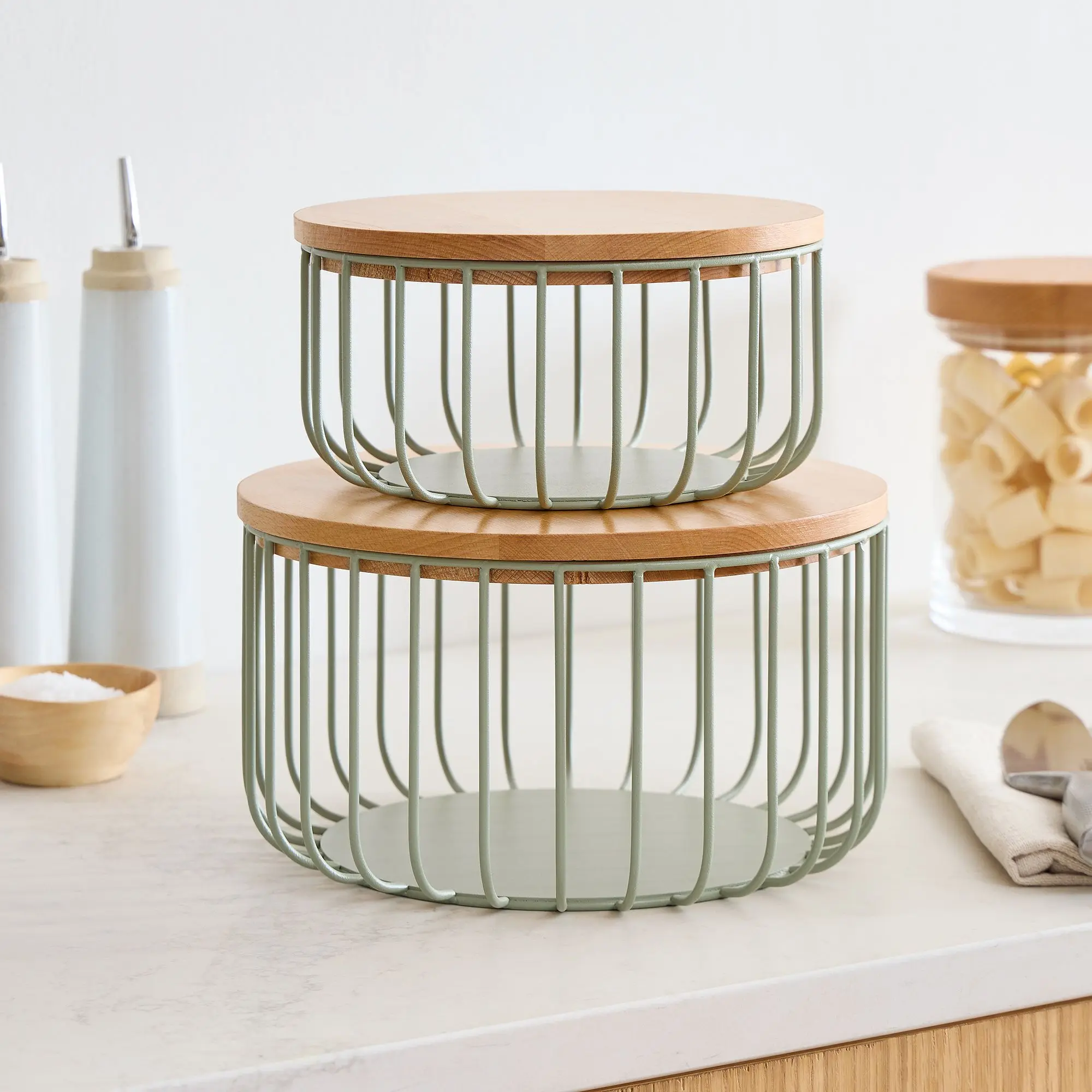 Durable Set of 2 Metal and Wood Storage Basket, Fruit and Onion Tomato Potato Basket