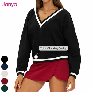 Janya Autumn Winter V-Neck Sports Yoga Top for Women Loose Casual Color Block Long Sleeve Gym for Running and Fitness Sweatshirt