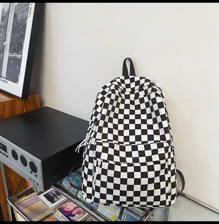 Black and White Checkered Canvas Mini Backpack