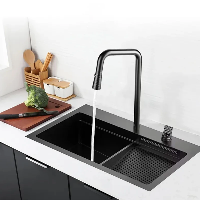 Luxury Kitchen Sinks 304 Stainless Steel Multifunctional Sink Modern Waterfall Single Bowl