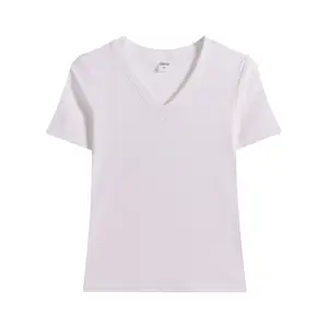 Summer 230G Basic V-Neck Trendy Brand's Slim Fit Short Sleeve Solid Simple Slimming Women T-Shirt