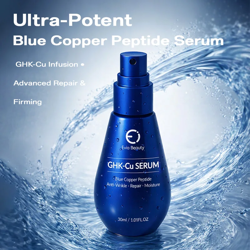 Evia Beauty Custom Best Anti-Aging Repair Blue Copper Peptide GHK-Cu  Hyaluronic Acid Antioxidant Serum Wrinkles Elasticity