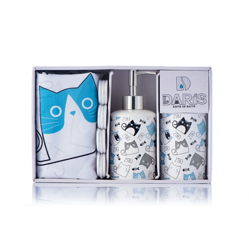 15pcs Cut Cat Design Bathroom Set Ceramic Bathroom Accessories Shower Curtain Set Buy Ceramic Bathroom Accessories