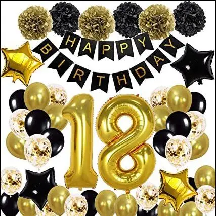 Kit de decoración de fiesta de cumpleaños de 18 años color negro dorado  brillante para decoración de fiesta de 18 cumpleaños globos colgantes de 18  – Yaxa Store
