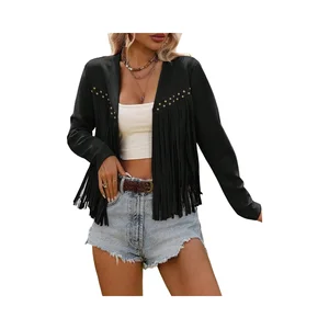 Women's 100% Polyester Faux Suede Fringe Trim Long Sleeve Open Front Dress Digital Printing Ballet Stage & Dance Wear