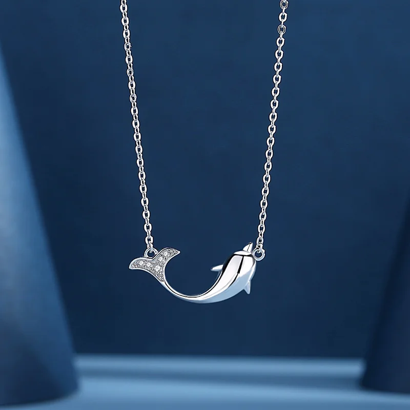 Wholesale jewelry necklace dainty 925 sterling silver cubic zirconia cute dolphin pendant necklace