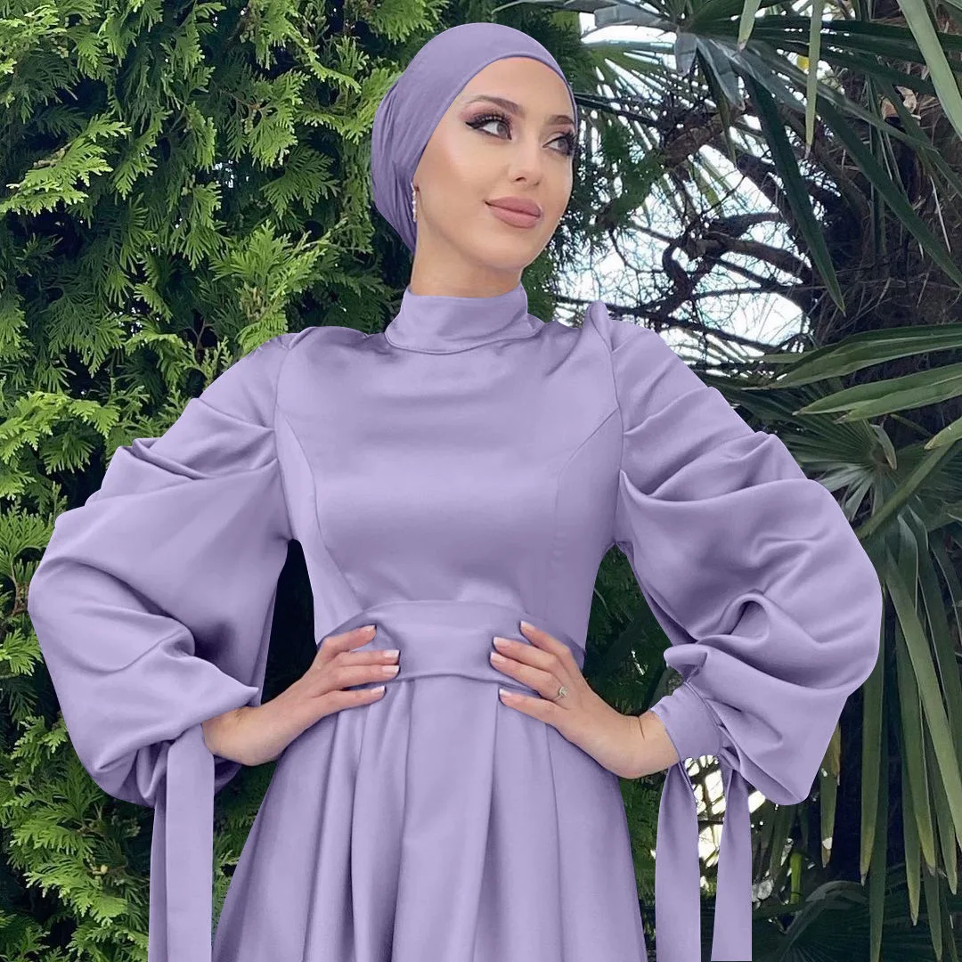 hijab modest satin dress Modest Satin Dress | Gold Champagne | XL - 60 | Buttoned High Neckline, Long Sleeves, Pleats, Belt | Clothing
