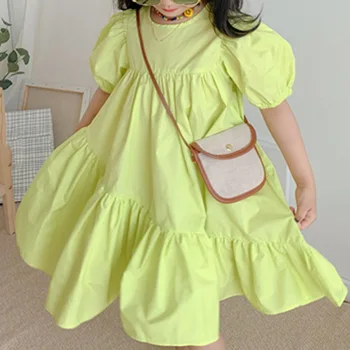 Wholesale solid color dress kids cotton princess clothes baby girls puff sleeve ruffle dresses