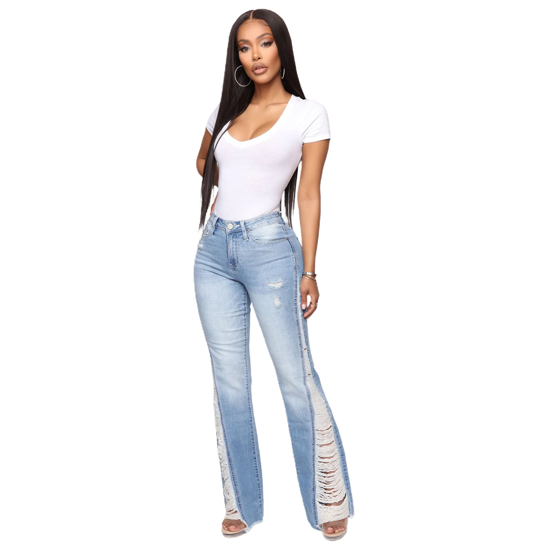 SSY Hot Sale Casual Women Breech-based Light Blue Plus-sized Ripped Denim Trousers Jeans Lady Pants