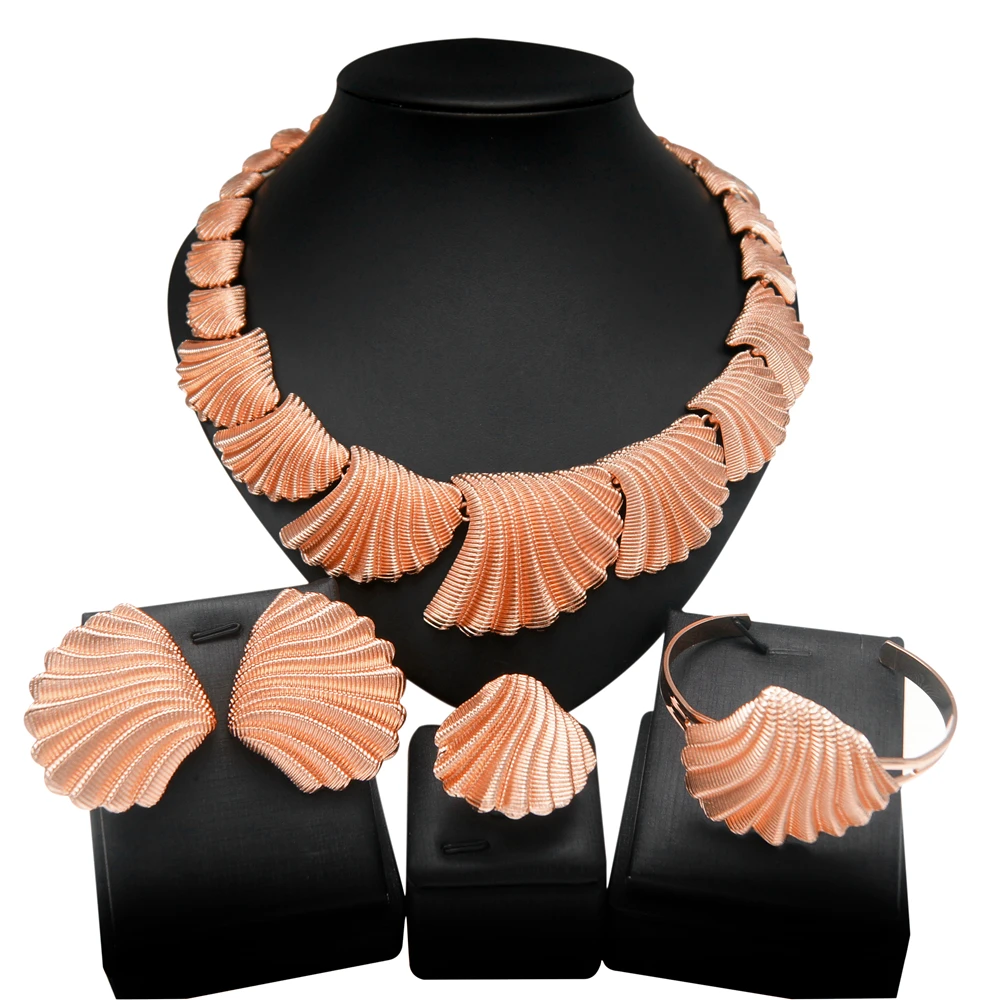 Yulaili Luxury Classic Gold Plated Jewelry African Women Conch Shape Rose  Gold Color Necklace Bracelet Ring Earring Jewelry Set