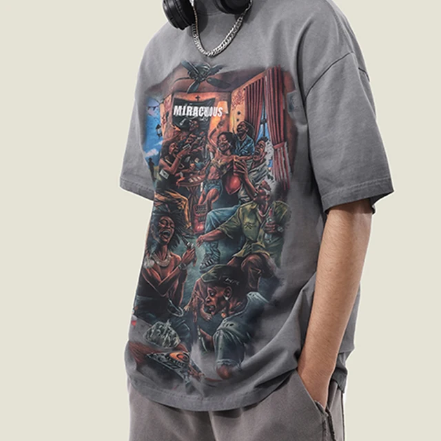 Men's American Heavyweight Vintage Oversized Graphic T-Shirt Street-Style Loose Fit with Printed Pattern for Men