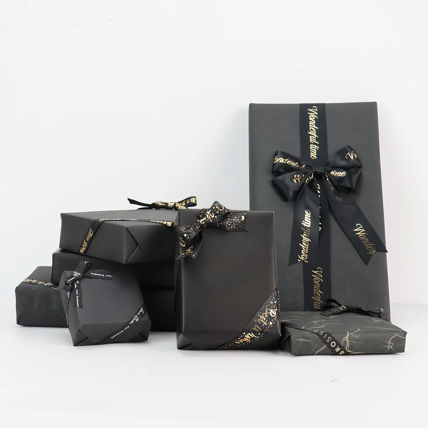 High Quality Custom Printed Box Decoration Pre-tied Elastic Satin Black Ribbon Bow With Logo for Gift Box