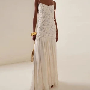 AELESEEN Elegant 3D Floral Sling Long Dress Women Retro White Backless Pleated Evening Dresses Female Spring Street Party