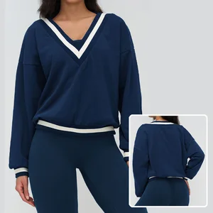 Roregal Color-Blocking V-Neck Sweatshirt Outdoor Running Oversized Long Sleeve Casual Sporty Top for Women