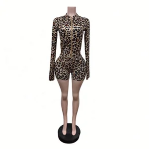 Dropshipping New Arrivals 2026 Fall Women Clothing Leopard Print Long Sleeve Casual Shorts Set