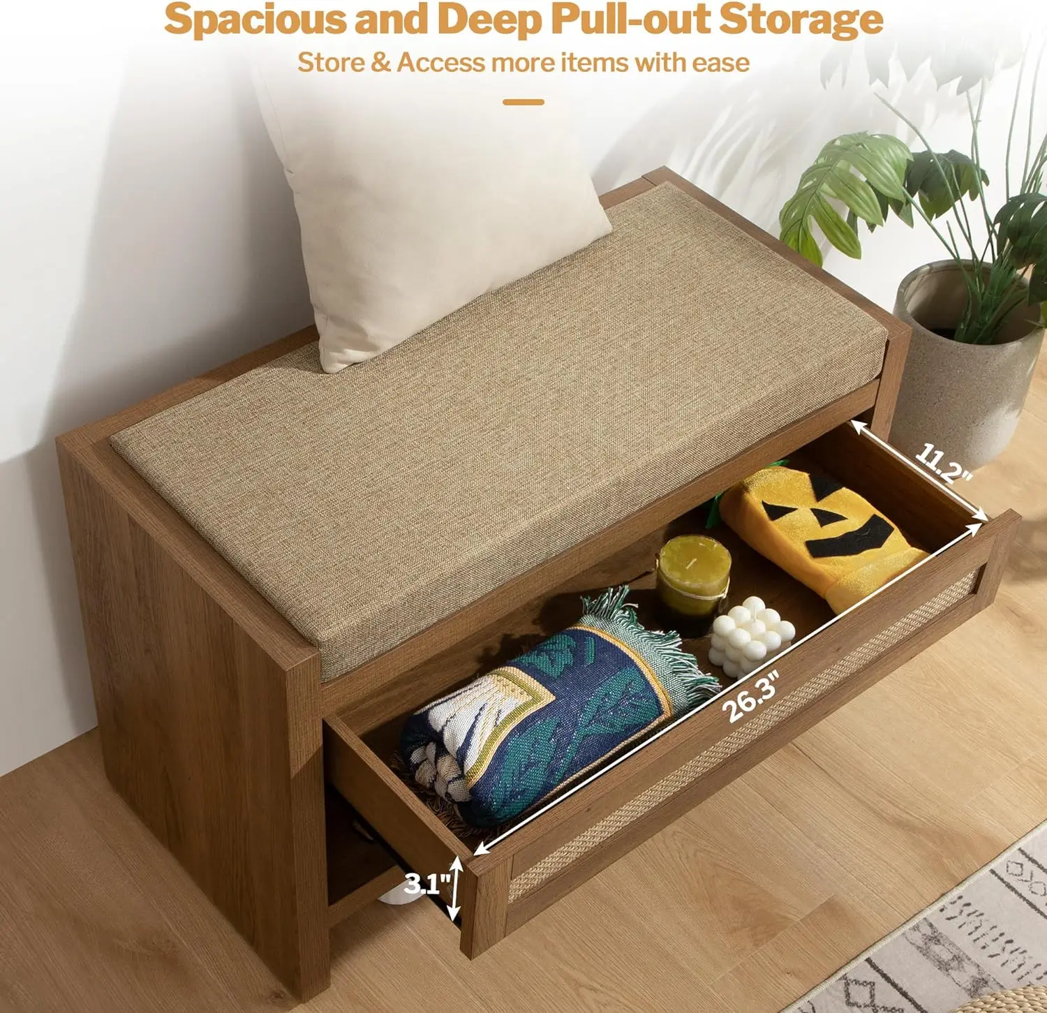 Shoe Bench Entry Bench with Storage Drawer and Linen Seat Cushion Shoe Rack With Shelf Wooden Storage Bench for Hallway Bedroom