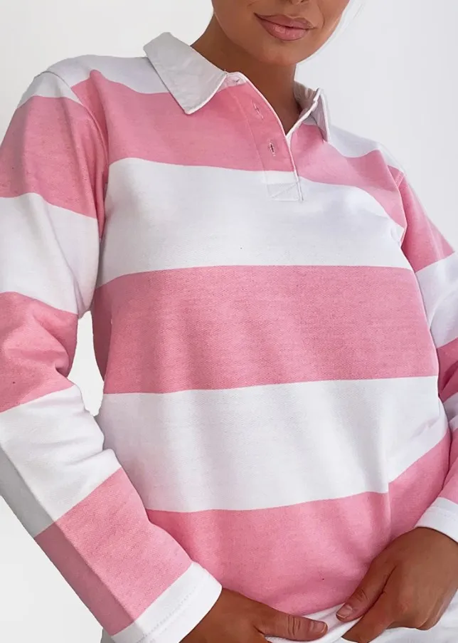 High Quality Custom Logo Embroidered Twill Rugby Collar Long Sleeve Polo Shirts for Women Pink White Stripe Rugby Shirt