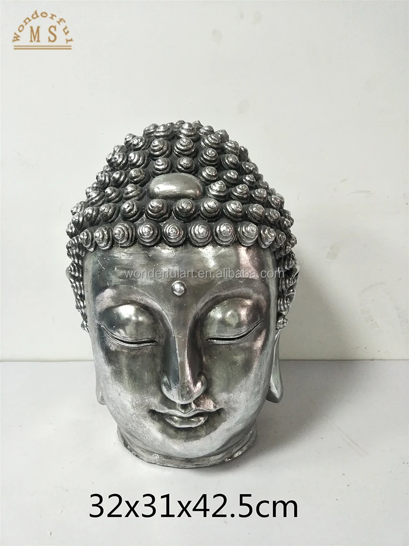 Religious ornament polistone buddhism resin buddha head statue silver polistone figurine home decoration
