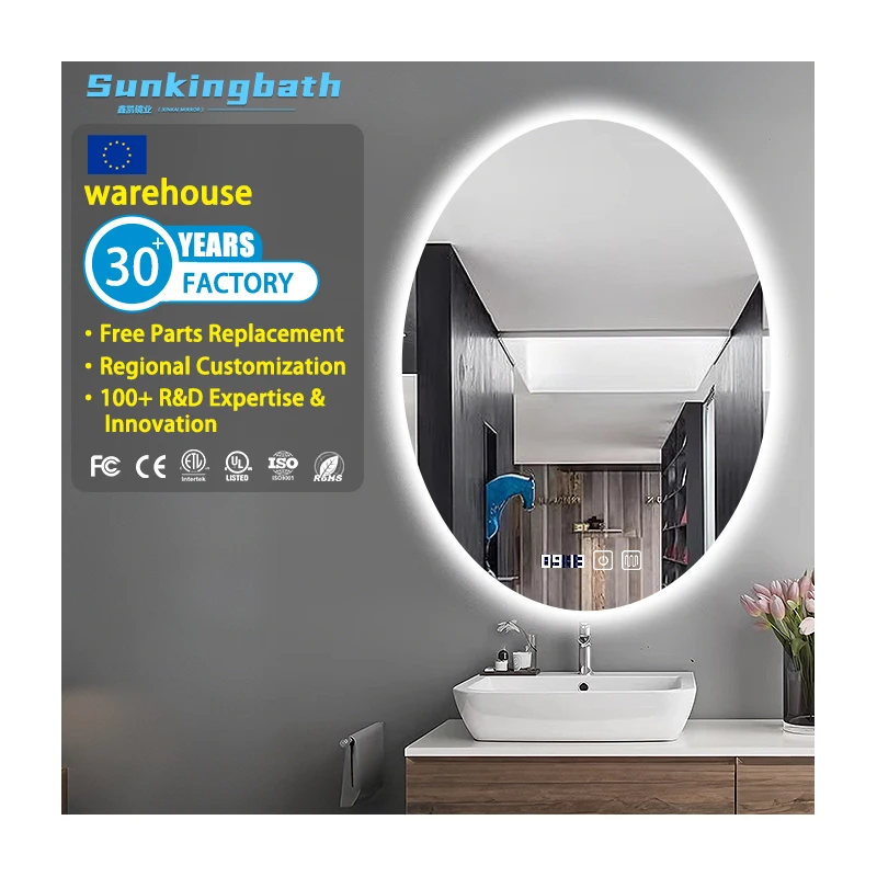 Decorative Silver Tempered Glass Mirror Wall Mounted Anti-Fog Bath Mirror Wall Hanging Oval Espelho Com Luz LED