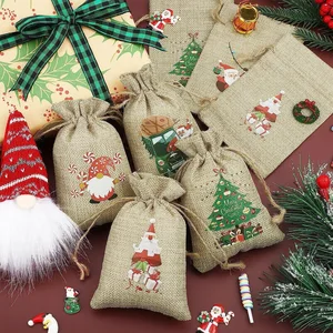 Christmas Gift Bag Custom DTF Designs Printing Nature Color Drawstring Pouch Candy Storage Jewelry Packing Storage Jute Pouch