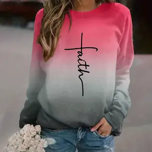 Women's Custom Wholesale Gradient T-Shirt Long Sleeve Crew Neck Casual Design Letter Print Anti-Shrink Feature for Winter Season