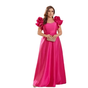 Romantic A-Line Turtleneck Evening Dress Empire Waist Petal Flower Sleeve Solid Pattern Woven Digital Satin Fabric Floor Length