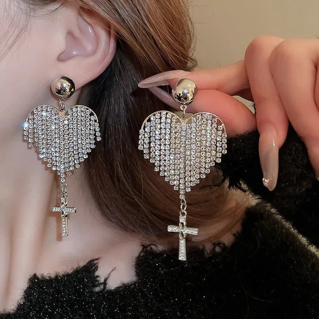 Silver needle full diamond heart tassel cross niche high-end super sparkling personality sweet wholesale Stud Earrings for Women