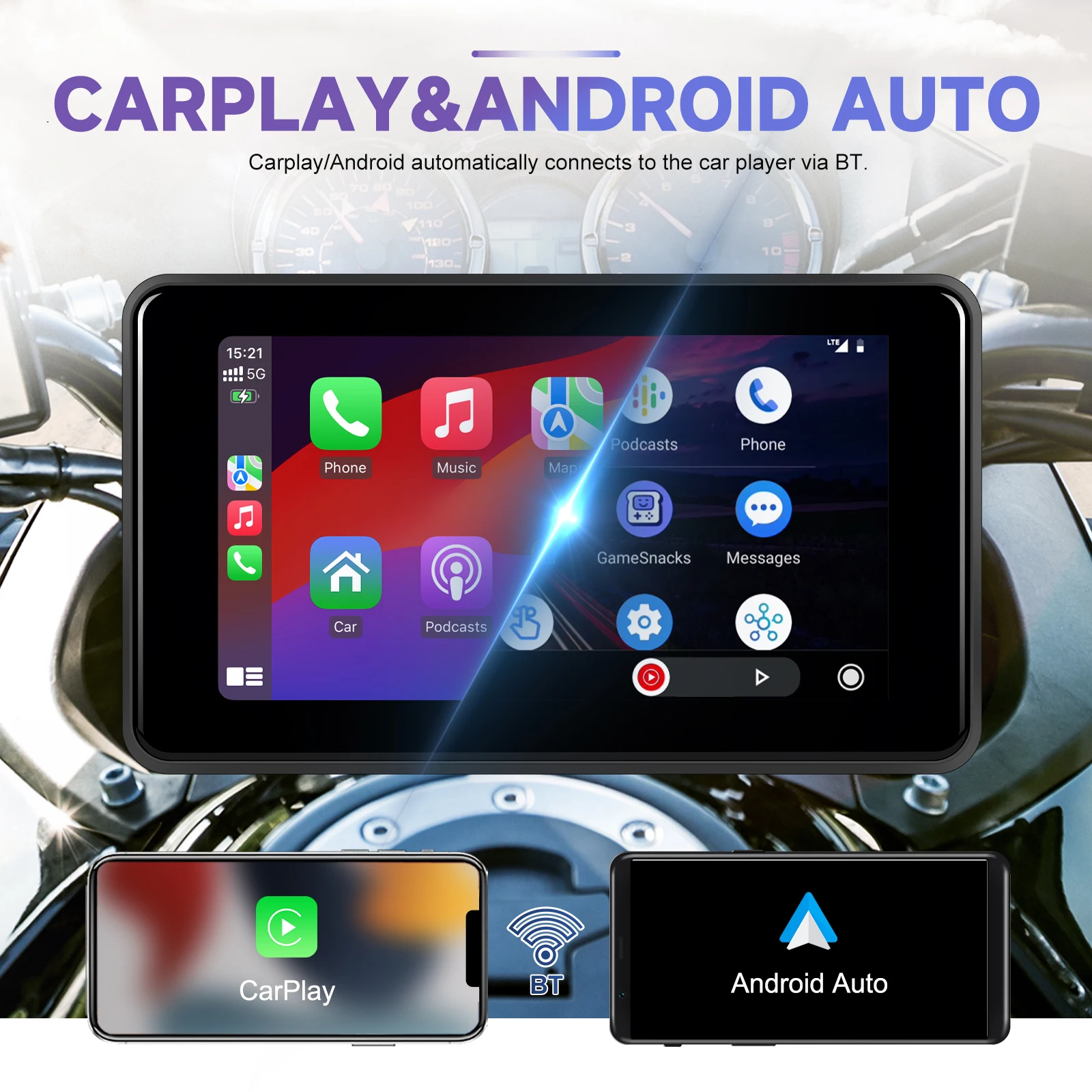 podofo 5 inch motorcycle portable wireless carplay screen android auto recording dvr navigation gps with front rear camera a3996-3