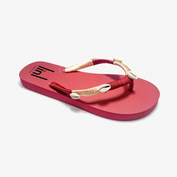 women flip flop thong sandal with handmade hand-stiched seashell flip flop with decorated upper fuchsia color
