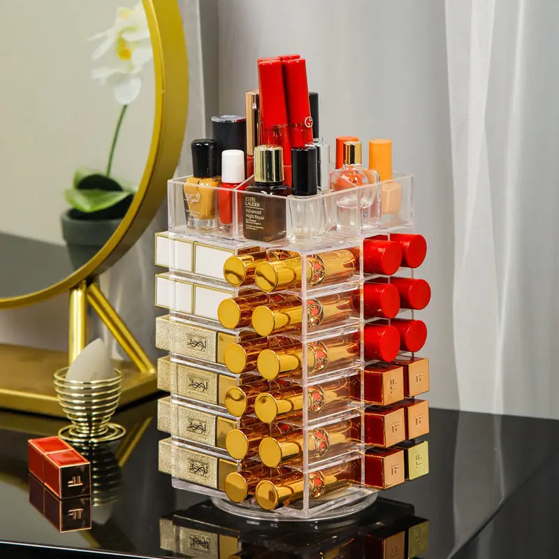 360 Degree Rotating Makeup Organizer 53 Spaces Acrylic Lipstick Holder Spinning Lipgloss Storage Tower Display Holder