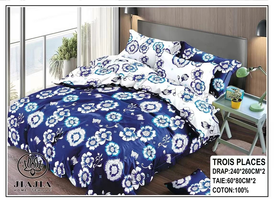 Parure De Lit 4 Pièces Yibeizi - Microfibre Douce Rafraîchissante - Motif Floral Bleu - Pour Très Grand Lit (Drap-Housse Poche 38 Cm)