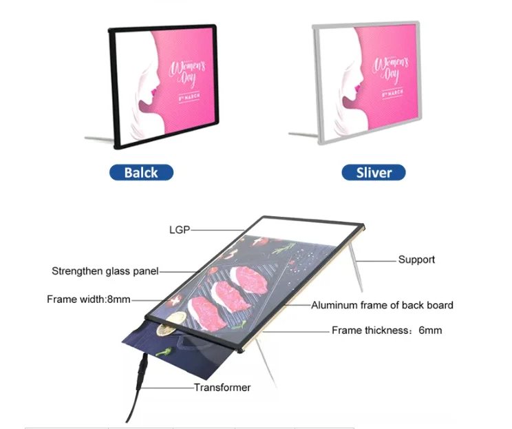 Factory cheapest super slim glowing display board round corner aluminum frame glass drawing light box